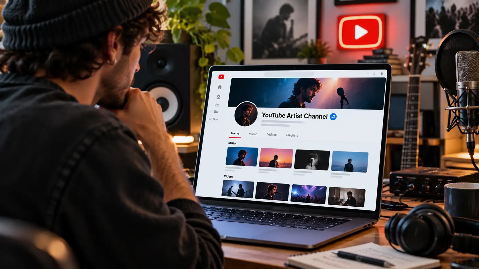 Artist in a studio in front of an official YouTube channel