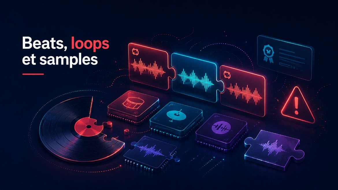 Illustration de beats, loops et samples montrant les risques de droits et d’éligibilité pour la musique sur YouTube