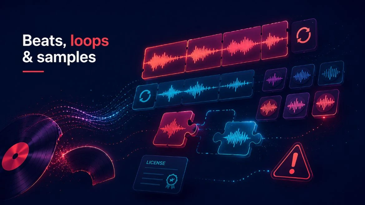 Illustration of beats, loops and samples showing copyright and eligibility risks for music on YouTube