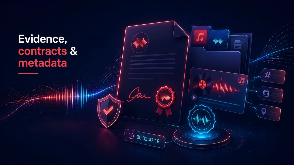 Illustration of creation evidence, contracts and metadata used to protect rights on a music release