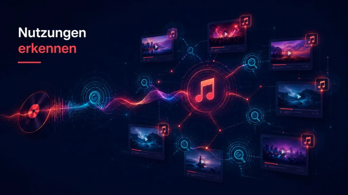 Illustration zur Erkennung der Nutzung einer Musik auf YouTube anhand mehrerer Videos und Audioübereinstimmungen