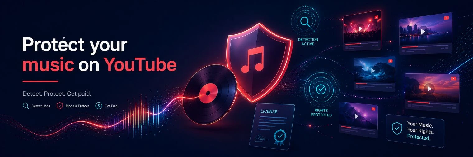 Illustration of music protection on YouTube with usage detection, music rights management and video monitoring