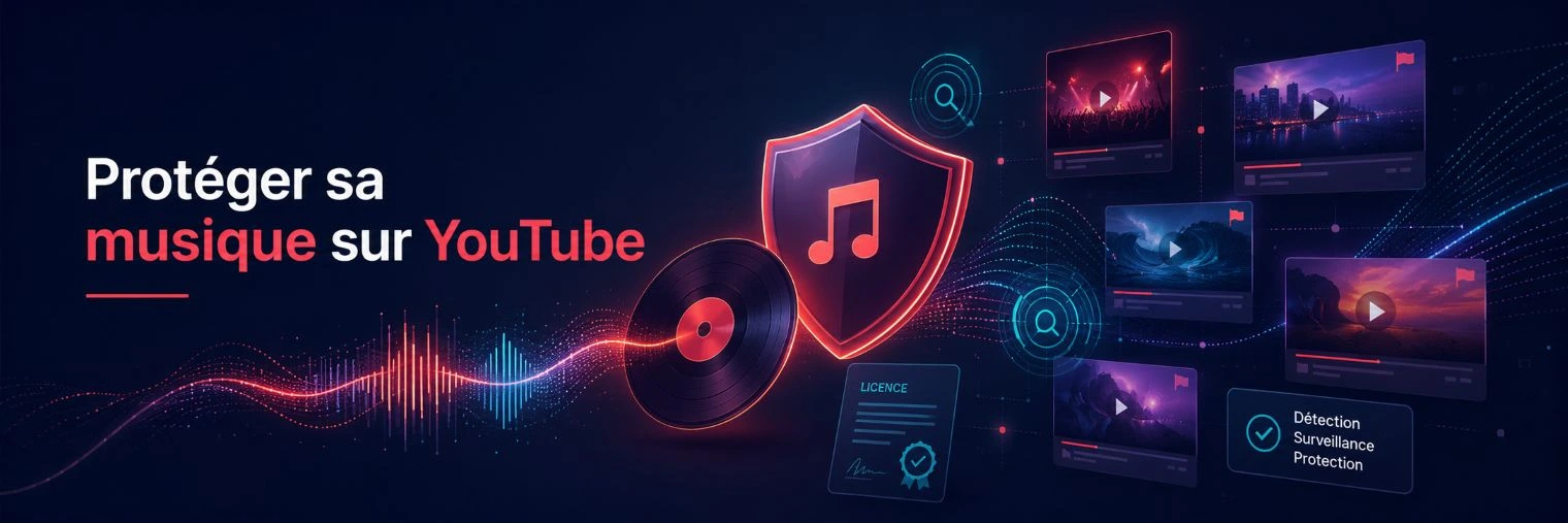 Illustration de protection de musique sur YouTube avec détection des usages, droits musicaux et surveillance des vidéos