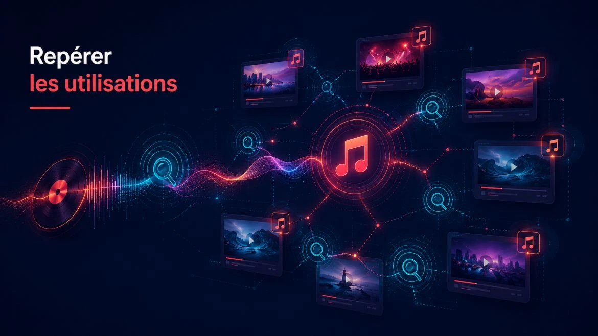 Illustration de détection des utilisations d’une musique sur YouTube à travers plusieurs vidéos et correspondances audio