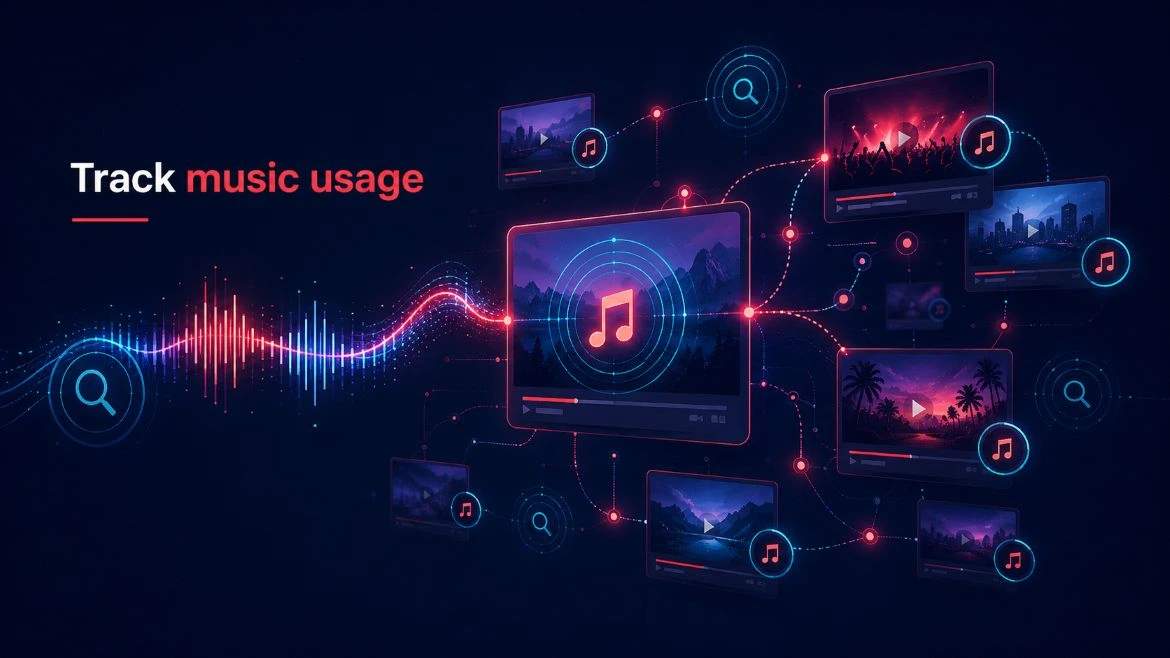 Illustration of music usage tracking on YouTube across multiple videos and audio matches