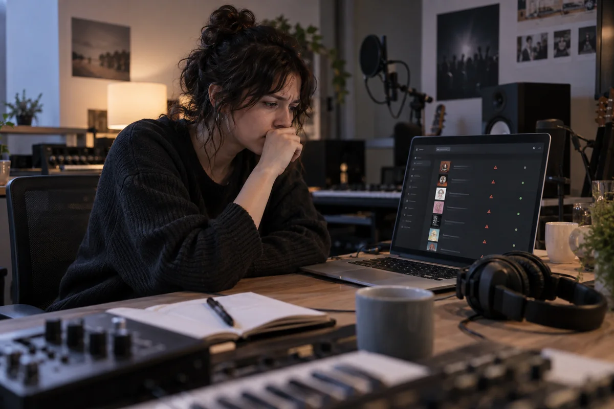 Artiste consultant les alertes de morceaux indisponibles sur les plateformes de streaming