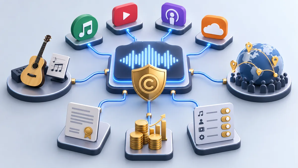 Studio relié à un réseau mondial symbolisant la protection des droits musicaux