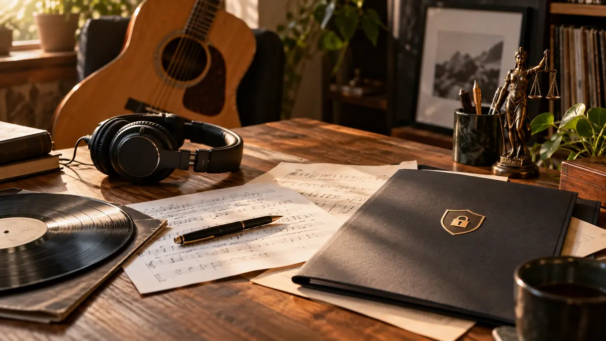 Guitare, partitions, disque et dossier symbolisant la protection du droit d’auteur musical