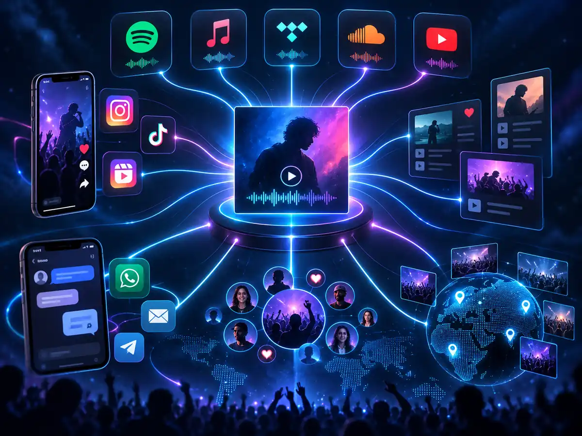 Artiste entouré des outils et canaux utilisés pour promouvoir sa musique