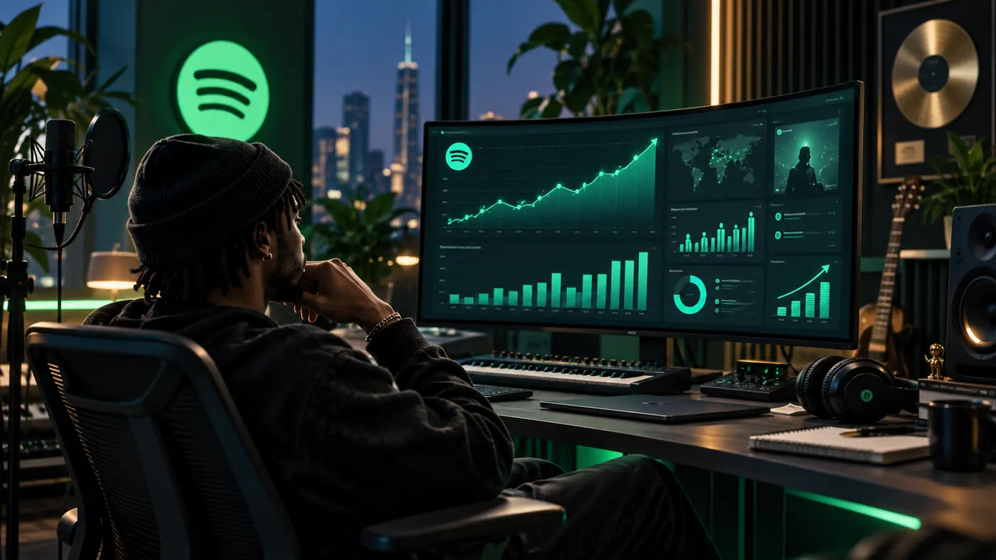 Künstler prüft Spotify-Statistiken und Einnahmen in seinem Studio
