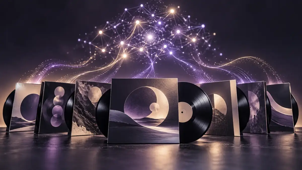 Pochettes et disques reliés par un réseau lumineux