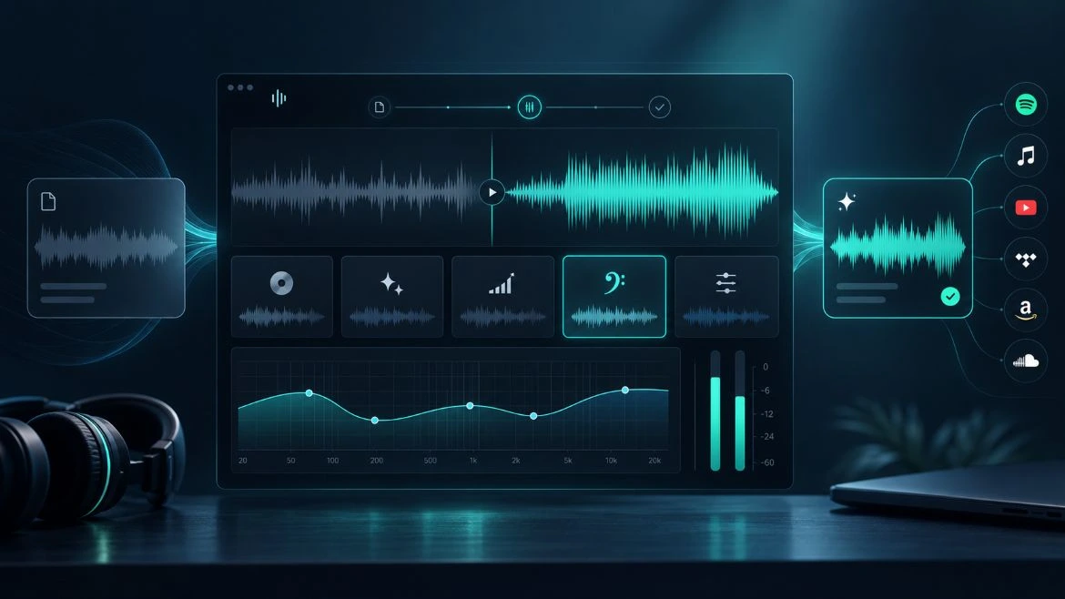 Illustration du mastering Dibsteur : comparaison des formes d’onde et réglages audio avant la distribution sur les plateformes