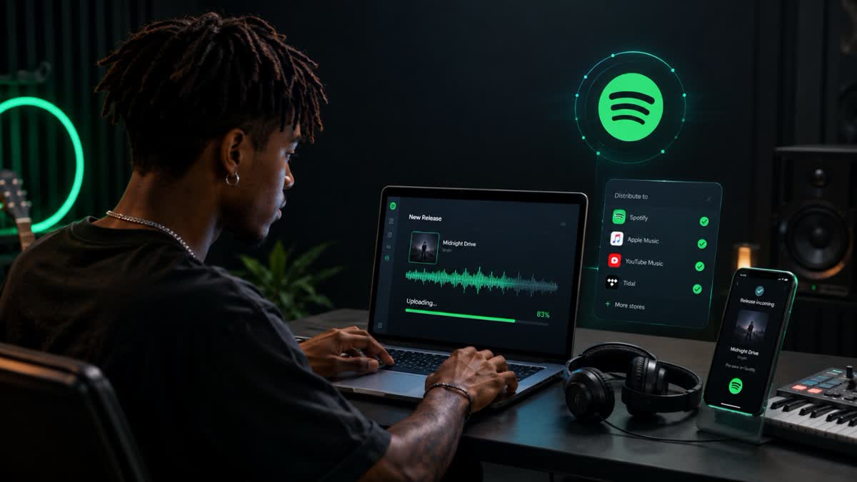 Independent artist uploading their music to Spotify through a music distribution platform